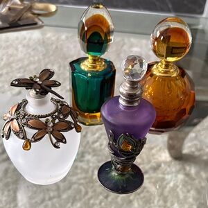 Vintage-style 4 Decorative Glass Perfume Bottles - White, Green, Amber, Purple
